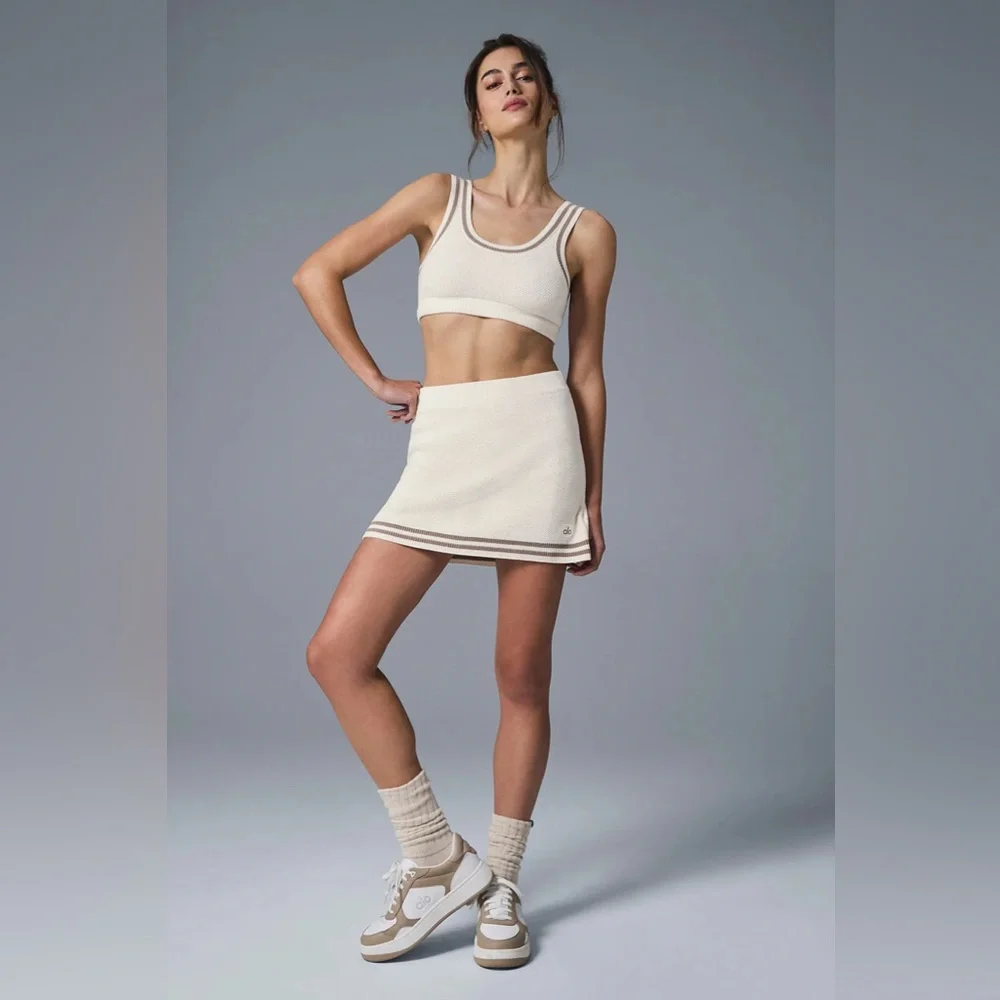 Alo Yoga Tennis Club Sweater Knit Bra & Skirt Set Ivory Gravel Size Small BNWT